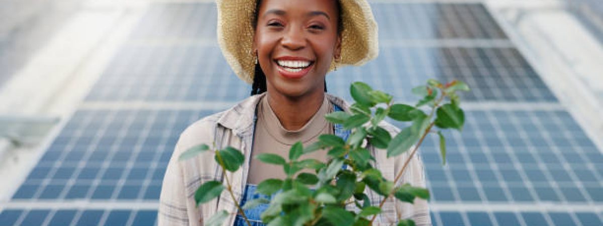Black woman, portrait and plant with solar panel for eco friendly, sustainable future and infrastructure in city. Farmer, ecology and female person with renewable energy for natural growth
